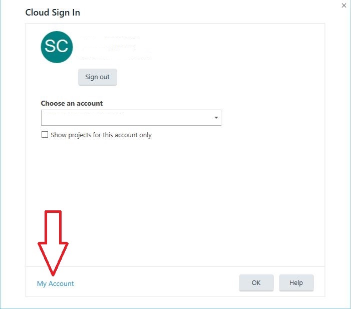 Cloud Sign In dialog box with 'SC' logo, showing an email address, a 'Sign out' button, a dropdown menu to 'Choose an account', and a highlighted 'My Account' button with a red arrow pointing towards it.