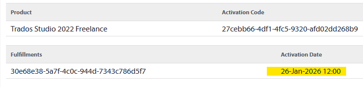 Table showing product details for Trados Studio 2022 Freelance, including activation code, unique activation ID, and activation date highlighted as 26-Jan-2026 12:00.