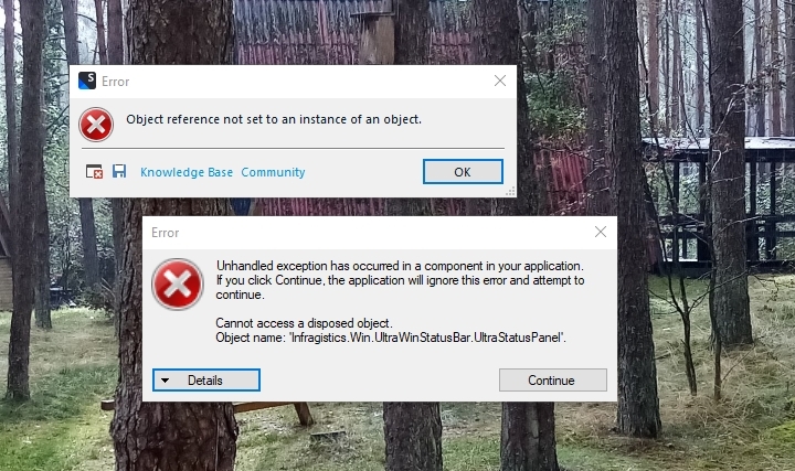 Error message stating 'Object reference not set to an instance of an object' with a background of trees.