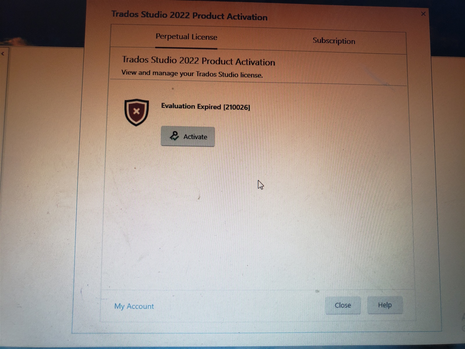 Trados Studio 2022 Product Activation window showing an error message 'Evaluation Expired 210026' with an 'Activate' button and 'My Account', 'Close', and 'Help' options at the bottom.