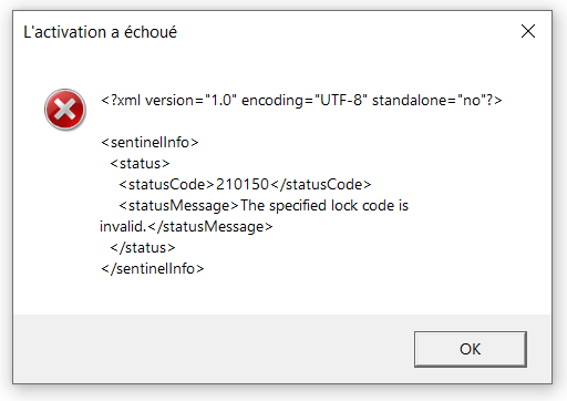 Error dialog box in SDL Trados Studio activation with a red cross symbol and message: 'L'activation a chou '. XML content showing status code 211050 and message 'The specified lock code is invalid.' with an OK button.