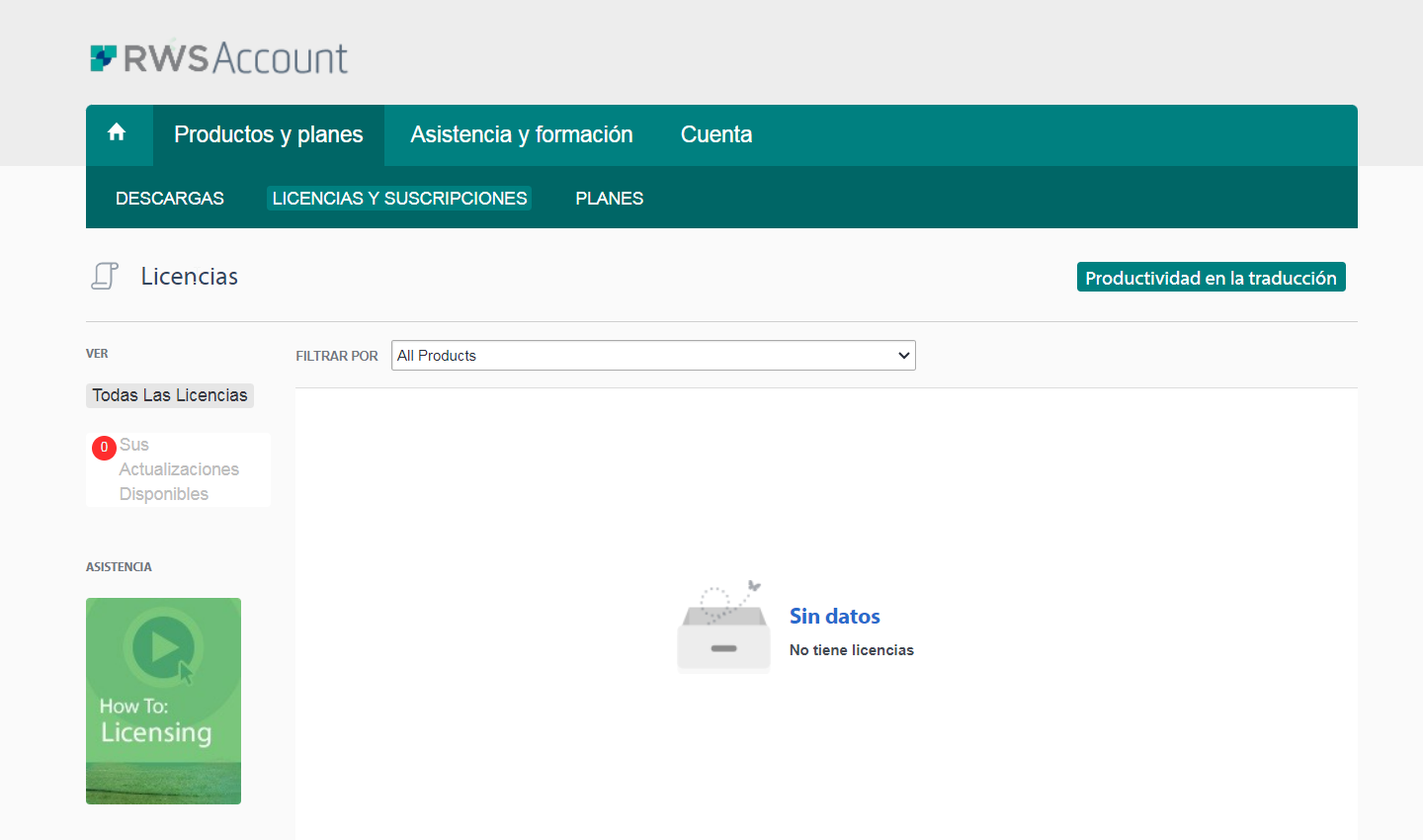 RWS Account page showing 'Productos y planes', 'Asistencia y formaci n', and 'Cuenta' tabs. Under 'Licencias y suscripciones', a message 'Sin datos - No tiene licencias' is displayed indicating no licenses found.