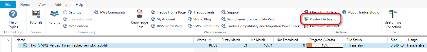 Trados Studio 2022 interface with 'Product Activation' highlighted in the Help tab.