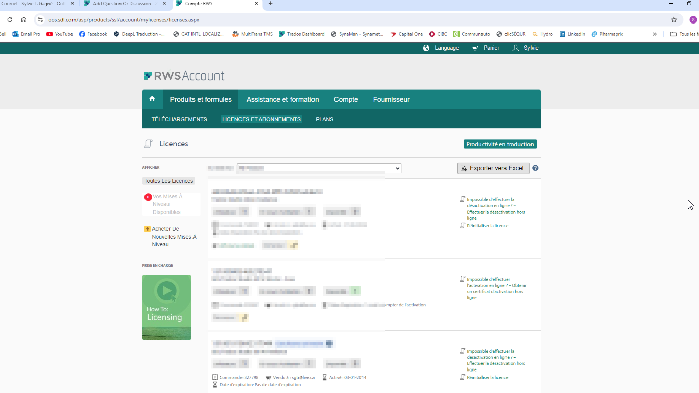 Screenshot of a licensing portal with a warning message 'Impossible d'effectuer la desactivation en ligne?' and a 'Reinitialiser la licence' button.