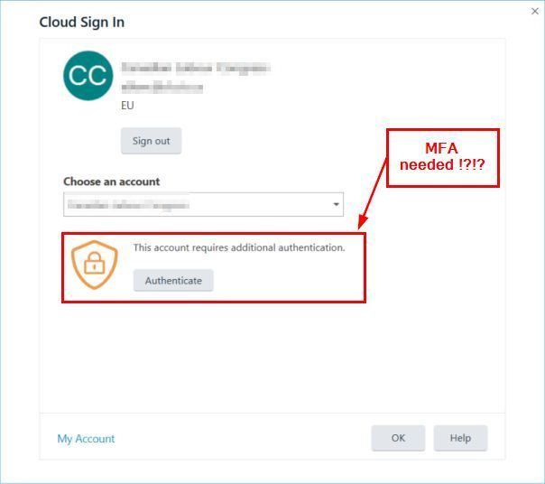 Cloud Sign In window showing a message 'This account requires additional authentication' with an Authenticate button and a red annotation saying 'MFA needed !?!?'.