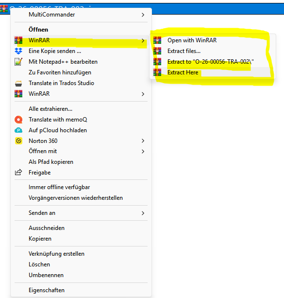 Context menu showing WinRAR options highlighted, including 'Open with WinRAR,' 'Extract files...,' 'Extract to "O-26-00056-TRA-002",' and 'Extract Here.'