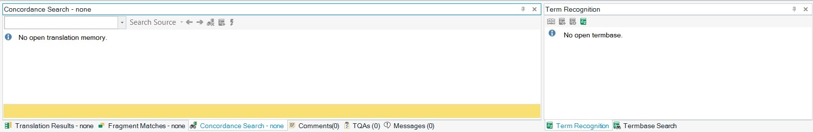 Trados Studio screenshot showing Concordance Search and Term Recognition windows with messages 'No open translation memory' and 'No open termbase' respectively.