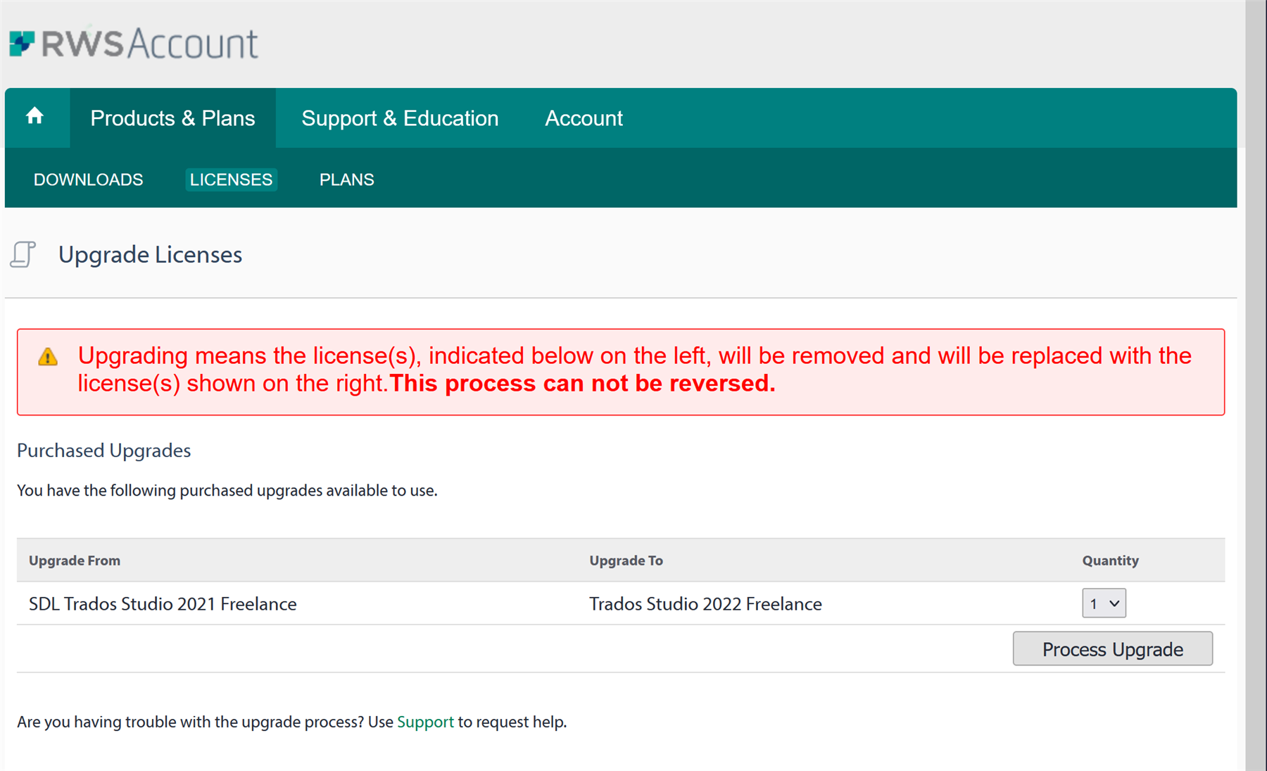 RWS Account Upgrade Licenses page showing a warning that upgrading from SDL Trados Studio 2021 Freelance to Trados Studio 2022 Freelance cannot be reversed.