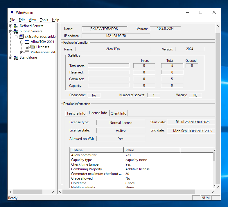 WlmAdmin application window showing license server details. Server name is SK1SVWTORADOS with IP address 192.168.96.70. License type is Normal, state is Active, and version is 2024.