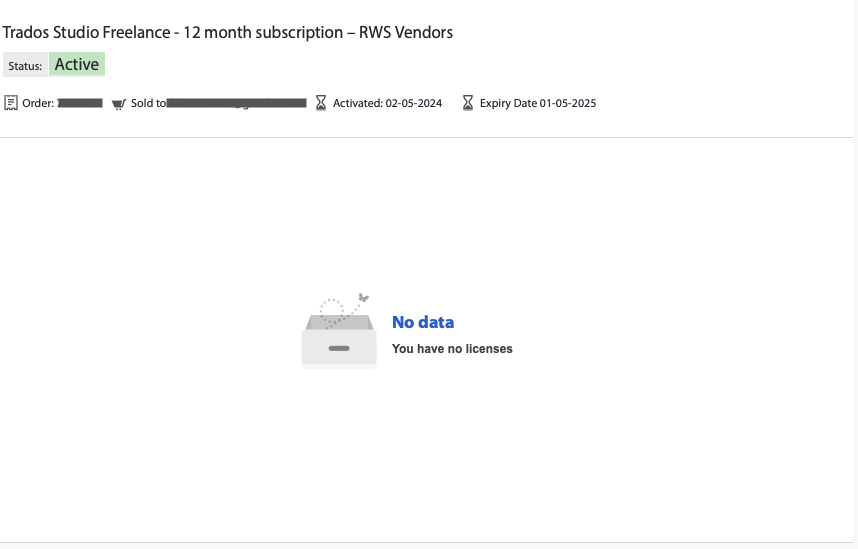Screenshot of Trados Studio Freelance subscription page showing status as 'Active' with activation and expiry dates, but a 'No data - You have no licenses' error message is displayed.