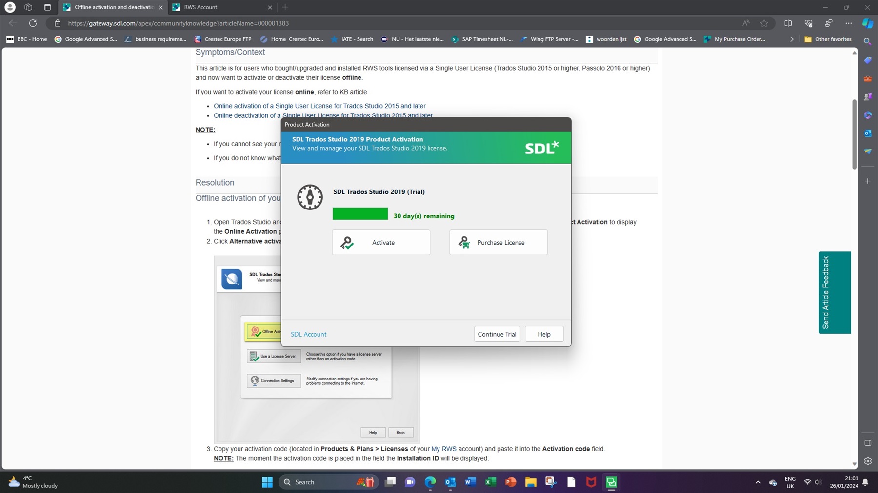 Product Activation window for SDL Trados Studio 2019 (Trial) with 30 days remaining, showing two options: Activate and Purchase License.