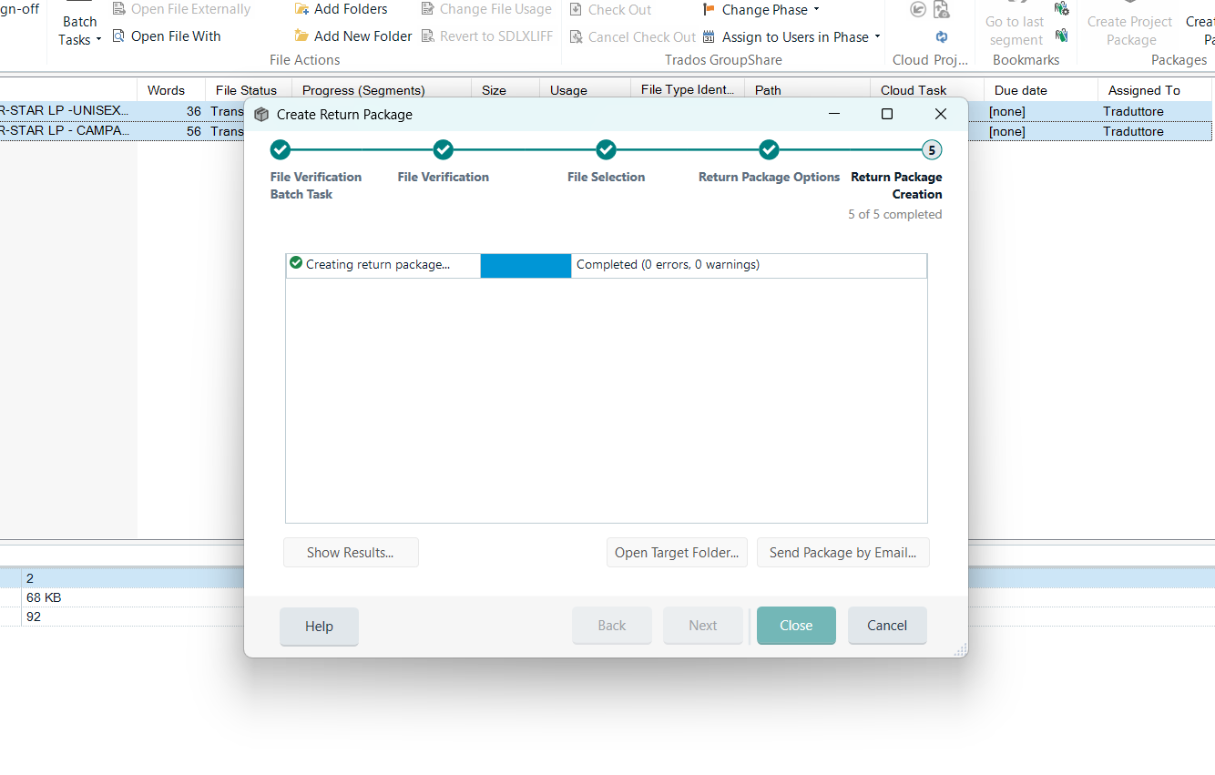 Screenshot of Trados software showing the 'Create Return Package' process frozen at the final step with the message 'Creating return package...' despite indicating 'Completed (0 errors, 0 warnings)'.