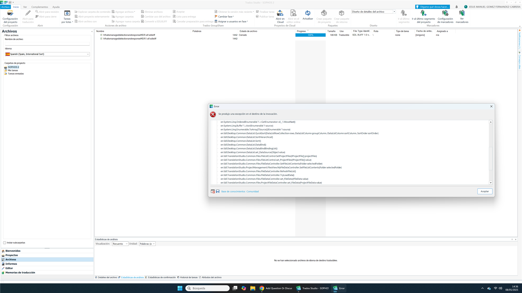Trados Studio interface displaying an error dialog with the same message 'Se produjo una excepci n en el destino de la invocaci n' and a longer stack trace.
