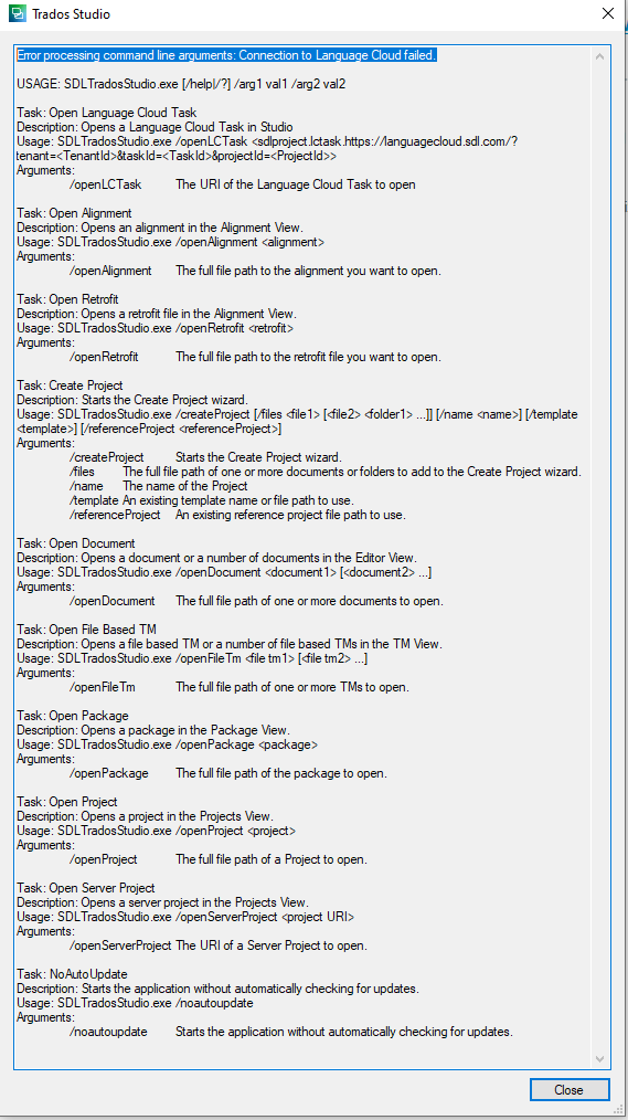 Error message in Trados Studio stating 'Error processing command line arguments: Connection to Language Cloud failed.' with a list of usage instructions for various tasks below.