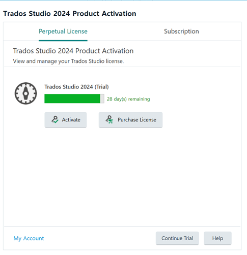 Trados Studio 2024 Product Activation window showing a trial version with 28 days remaining and options to activate or purchase a license.