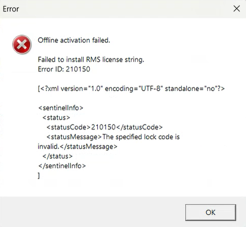 Error message in Trados Studio offline activation window showing 'Offline activation failed. Failed to install RMS license string. Error ID: 210150' and XML code indicating an invalid lock code.
