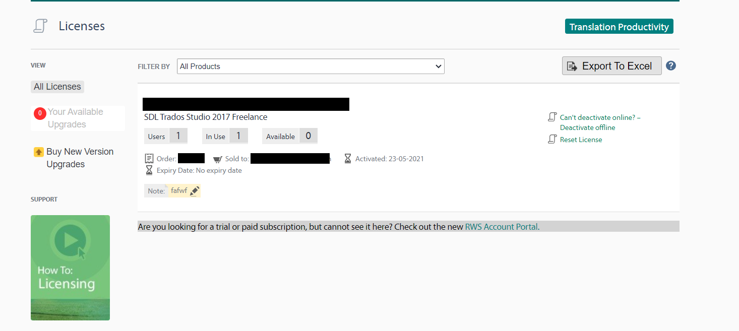 Licenses page showing SDL Trados Studio 2017 Freelance with 'No expiry date' for the license, options to deactivate offline and reset license, and a note field with illegible text.