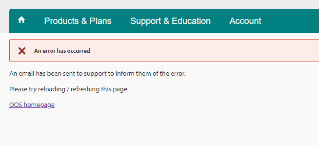 Webpage error message for SDL Trados Studio 2017 Freelance stating 'An error has occurred. An email has been sent to support to inform them of the error. Please try reloading  refreshing this page.' with a link to the OOS homepage.