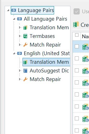 Screenshot of Trados Studio Project Settings window showing 'Language Pairs' expanded with 'English (United States)' and its associated options, including 'Translation Memory'.