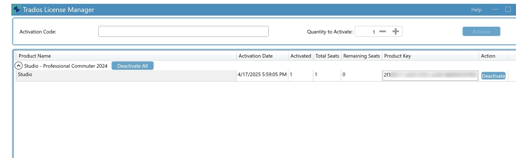 Trados License Manager showing Studio - Professional Commuter 2024 activated with 0 remaining seats and a deactivate option.