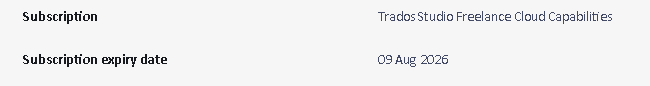 Screenshot showing subscription details with 'Trados Studio Freelance Cloud Capabilities' and subscription expiry date as '09 Aug 2026'.