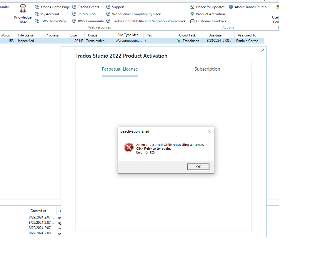 Screenshot of Trados Studio 2022 Product Activation window showing an error message 'Deactivation failed - An error occurred while requesting a license. Click Retry to try again. Error ID: 125'.