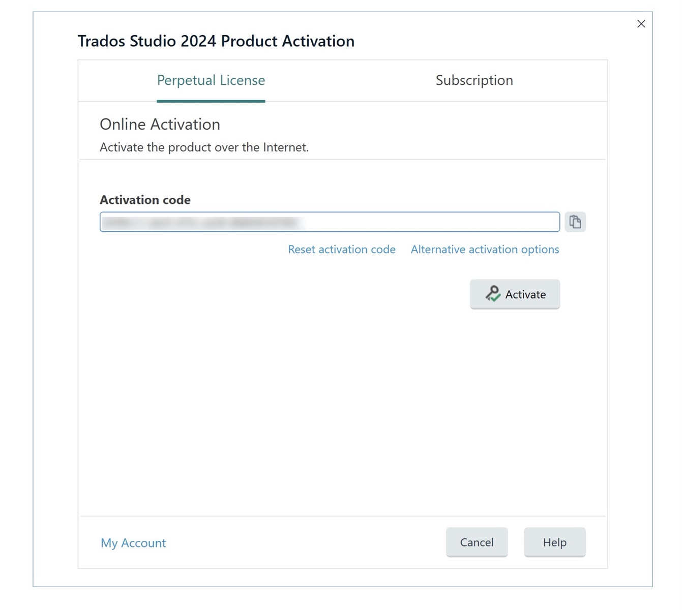 Trados Studio 2024 Product Activation window prompting for an activation code with an activate button.