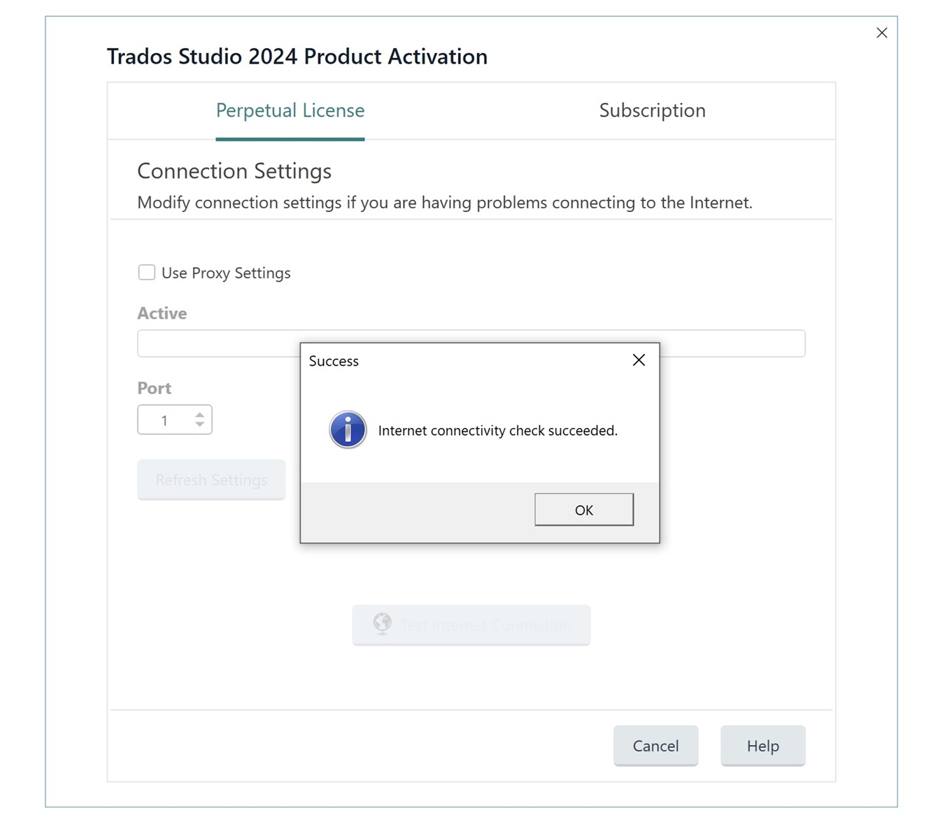 Trados Studio 2024 Product Activation connection settings with a success message confirming internet connectivity check succeeded.