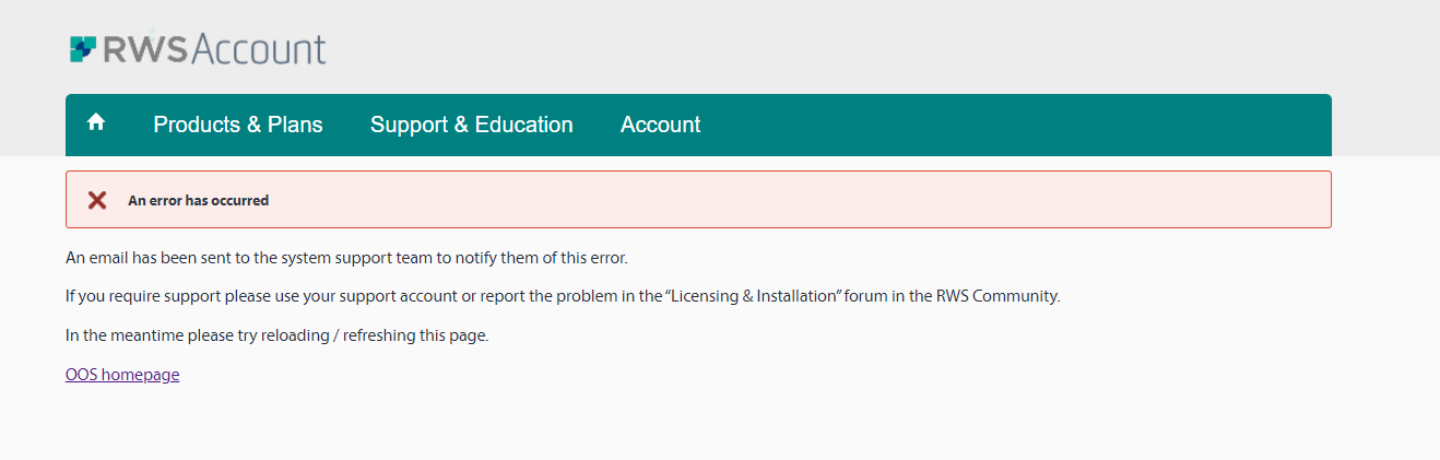 RWS Account webpage with an error message box stating 'An error has occurred' and instructions to contact system support or report the problem in the RWS Community forum.
