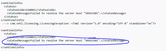XML log file displaying an error with status code 210003 and message 'Failed to resolve the server host SRVSIS01'.