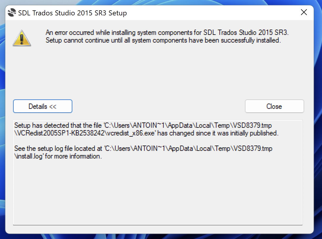 Error message during SDL Trados Studio 2015 SR3 setup indicating a file has changed since initially published and installation cannot continue.