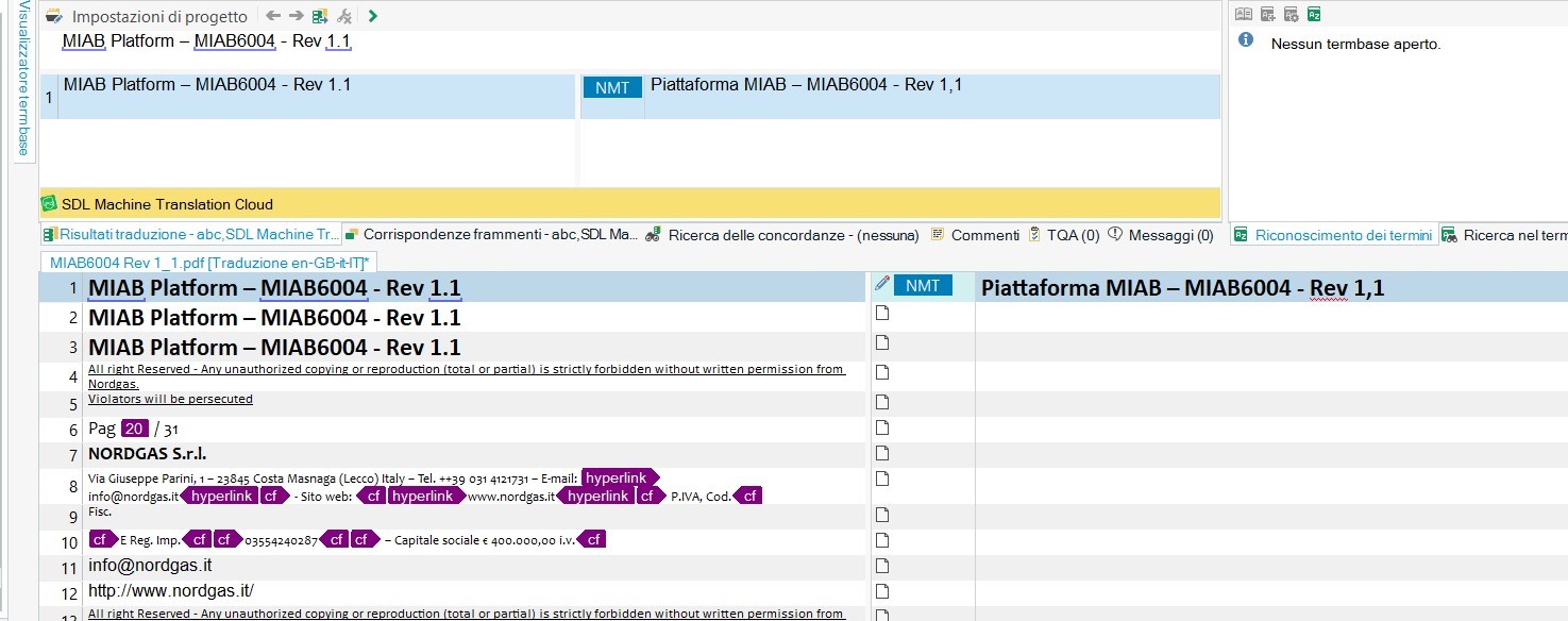 Trados Studio interface showing project settings with 'MIAB Platform - MIAB6004 - Rev 1.1' selected. SDL Machine Translation Cloud tab is open with 'Translation Results' and 'Machine Translation' visible. No term base is open.