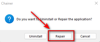 Screenshot of a dialog box asking if the user wants to 'Uninstall or Repair the application' with the 'Repair' button outlined in red.