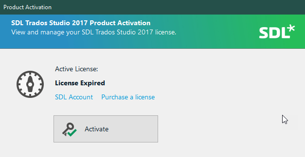 SDL Trados Studio 2017 Product Activation screen showing an 'Active License: License Expired' message with options to access SDL Account, Purchase a license, and an Activate button.