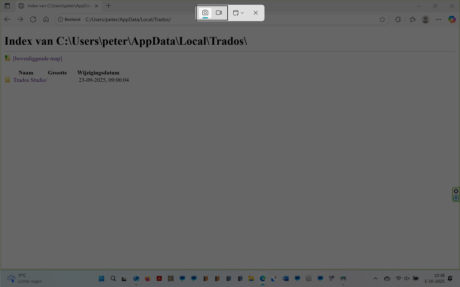Screenshot of a browser window showing the index of C:UserspeterAppDataLocalTrados. It lists a folder named Trados Studio with a modification date of 23-09-2025, 09:00:04.