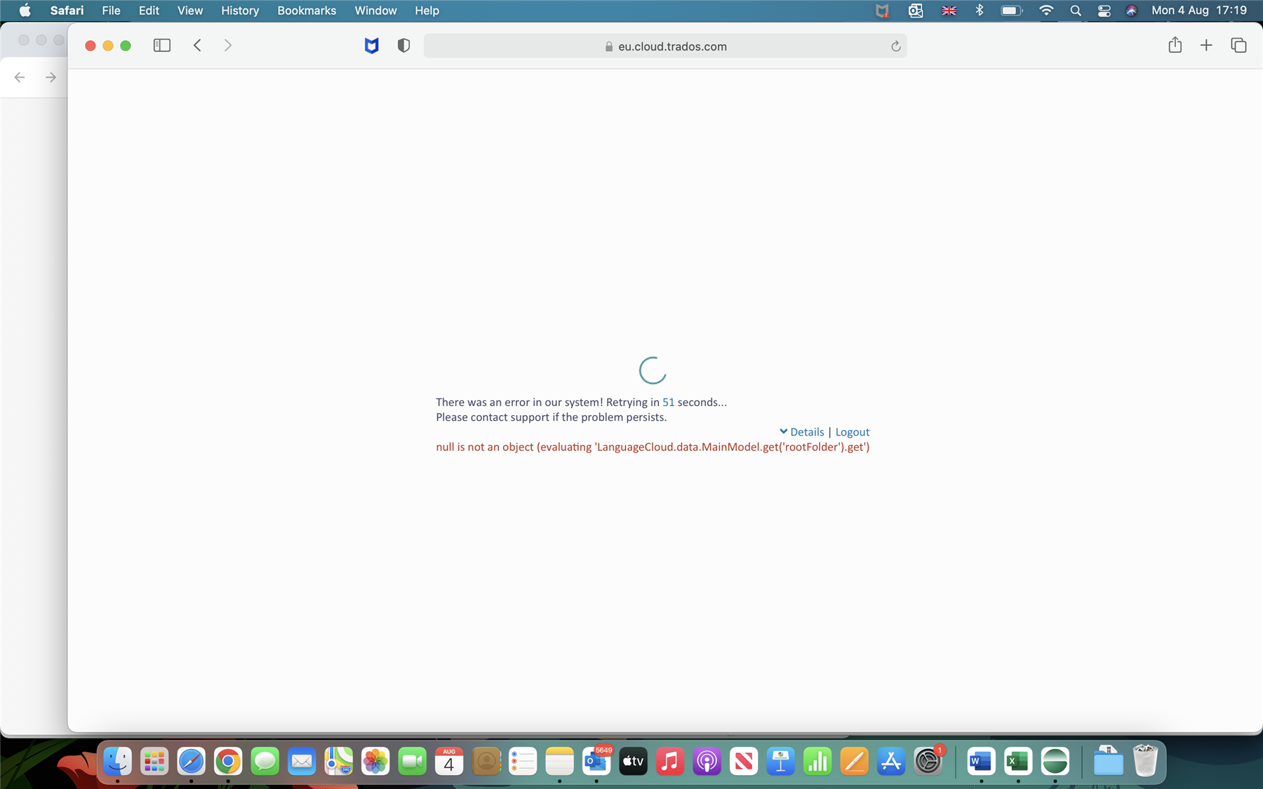 Screenshot of a Safari browser showing an error message on the Trados online platform. The message reads: 'There was an error in our system! Retrying in 51 seconds... Please contact support if the problem persists.' Below, in red text, it says: 'null is not an object (evaluating LanguageCloud.data.MainModel.get('rootFolder').get)'. The page also displays a spinning loading icon and options for 'Details' and 'Logout' on the right.