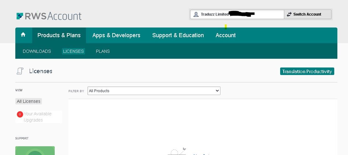 RWS Account webpage showing Products & Plans, Apps & Developers, Support & Education, and Account tabs. The Licenses section is highlighted with no licenses displayed under 'Your Available Upgrades'.