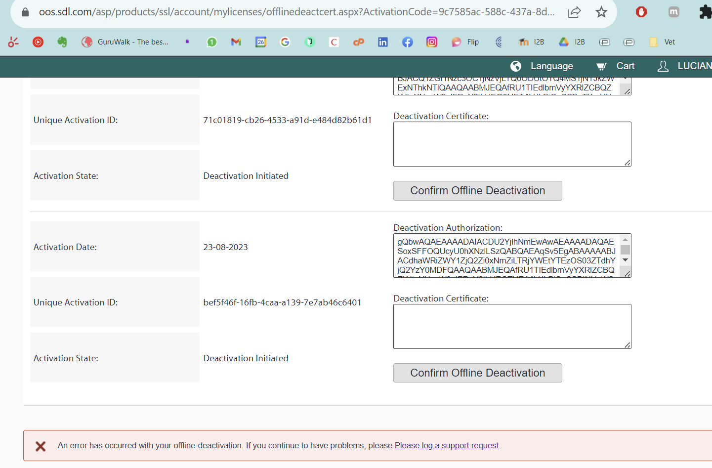 Web page of Trados Studio's offline deactivation with an error message 'An error has occurred with your offline-deactivation. If you continue to have problems, please log a support request.' and two sections for deactivation certificate and authorization.