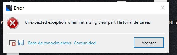 Error dialog box in Trados Studio displaying message: 'Unexpected exception when initializing view part Historial de tareas' with an 'Aceptar' button.