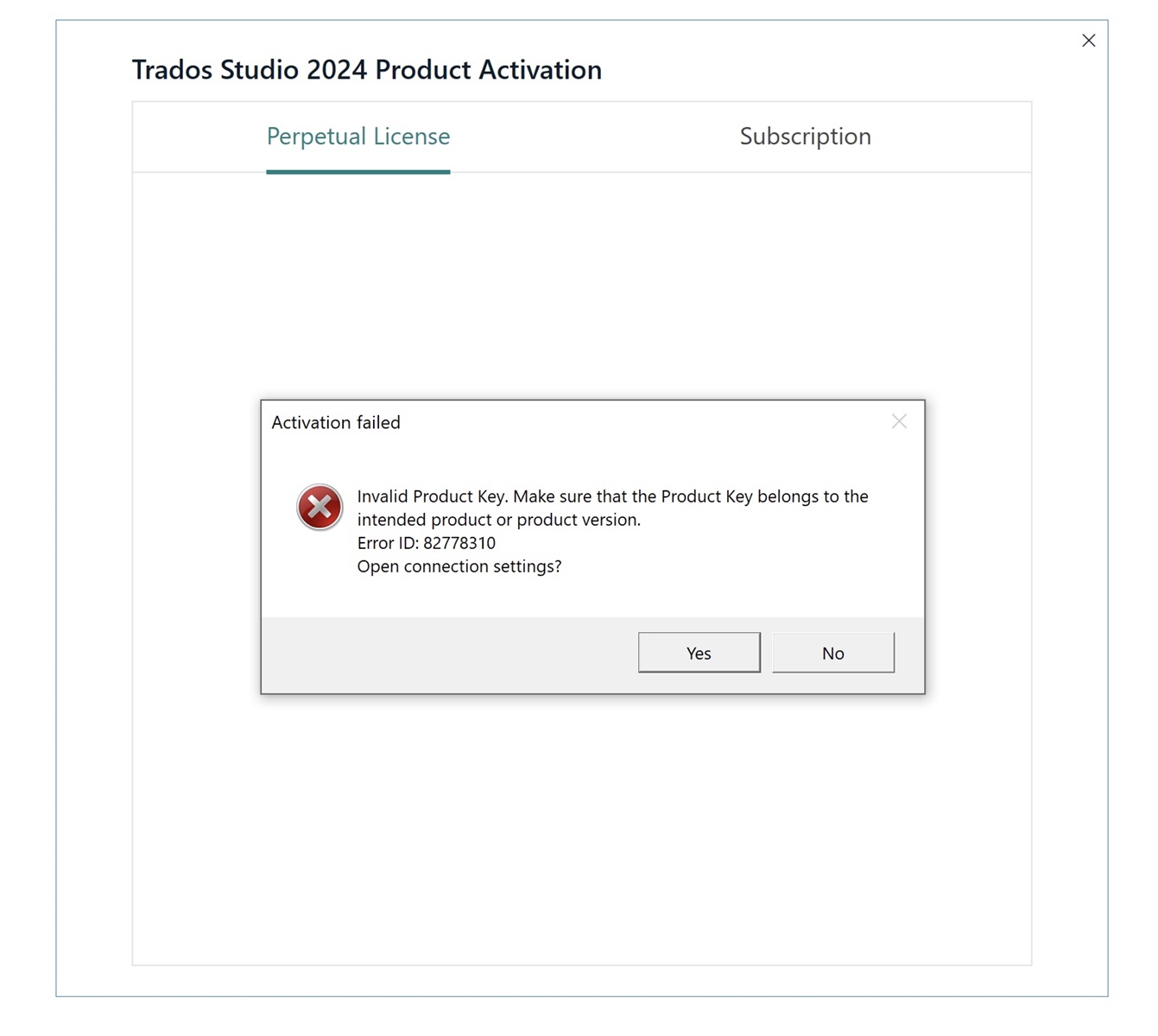 Error message in Trados Studio 2024 Product Activation stating 'Invalid Product Key' with Error ID: 82778310 and an option to open connection settings.
