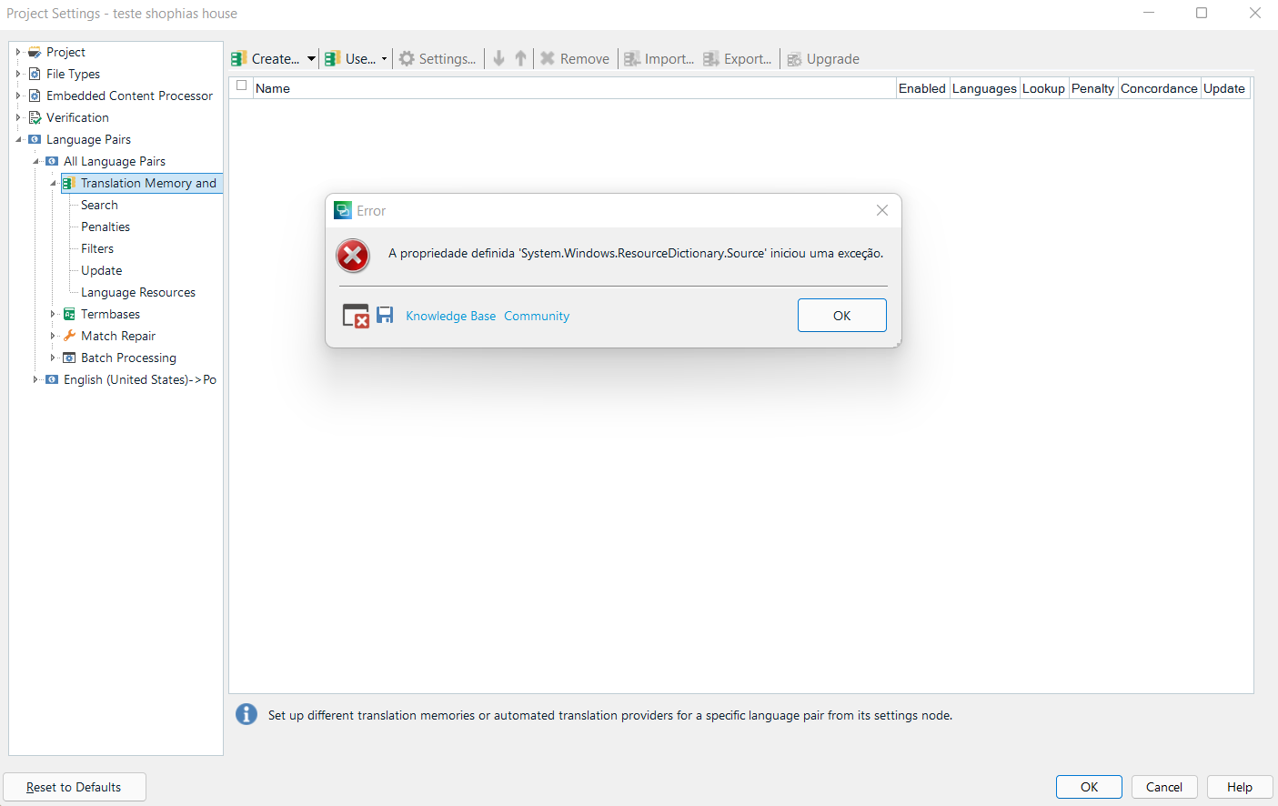 Error message in Trados Studio 2021 SR2 stating 'A propriedade definida 'System.Windows.ResourceDictionary.Source' iniciou uma exce o.' with an OK button.