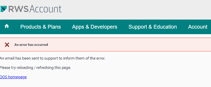 RWS Account error message stating 'An error has occurred' with instructions to reload the page and a notification that an email has been sent to support.
