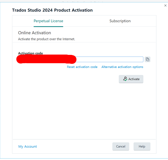 Trados Studio 2024 Product Activation window with an activation code field highlighted, and an 'Activate' button available.