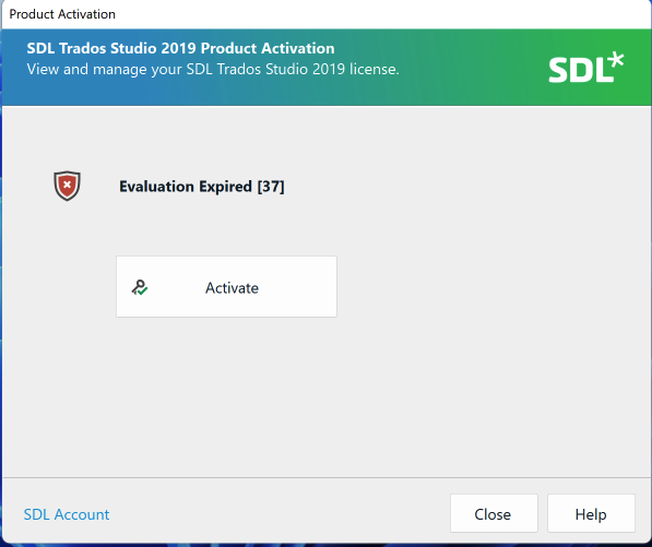 Screenshot of SDL Trados Studio 2019 Product Activation window with an 'Evaluation Expired 37' error message and an 'Activate' button.