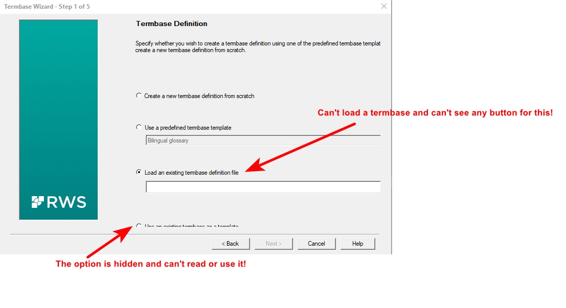 Screenshot of Trados Studio Termbase Wizard window with missing load button for 'Load an existing termbase definition file' option and cut-off text at the bottom.