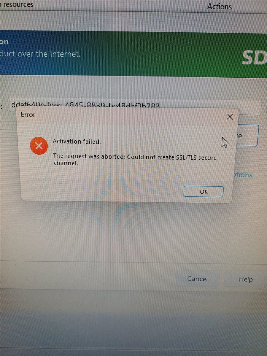 An error message in SDL Trados Studio stating 'Activation failed. The request was aborted: Could not create SSLTLS secure channel.' with OK and Help buttons visible.