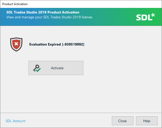 SDL Trados Studio 2019 Product Activation window showing an error message 'Evaluation Expired -939519992' with an Activate button.