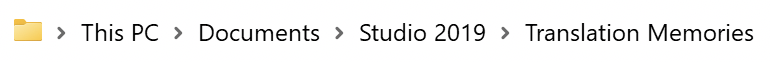 File Explorer path showing This PC, Documents, Studio 2019, Translation Memories.