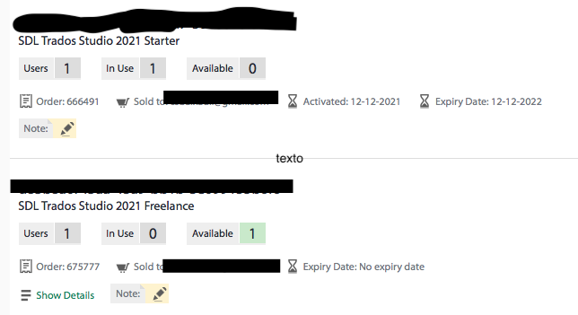 Screenshot showing two SDL Trados Studio product licenses. The first is the 2021 Starter version with 1 user in use, activated on 12-12-2021, expiring on 12-12-2022. The second is the Freelance version with 1 available user and no expiry date.
