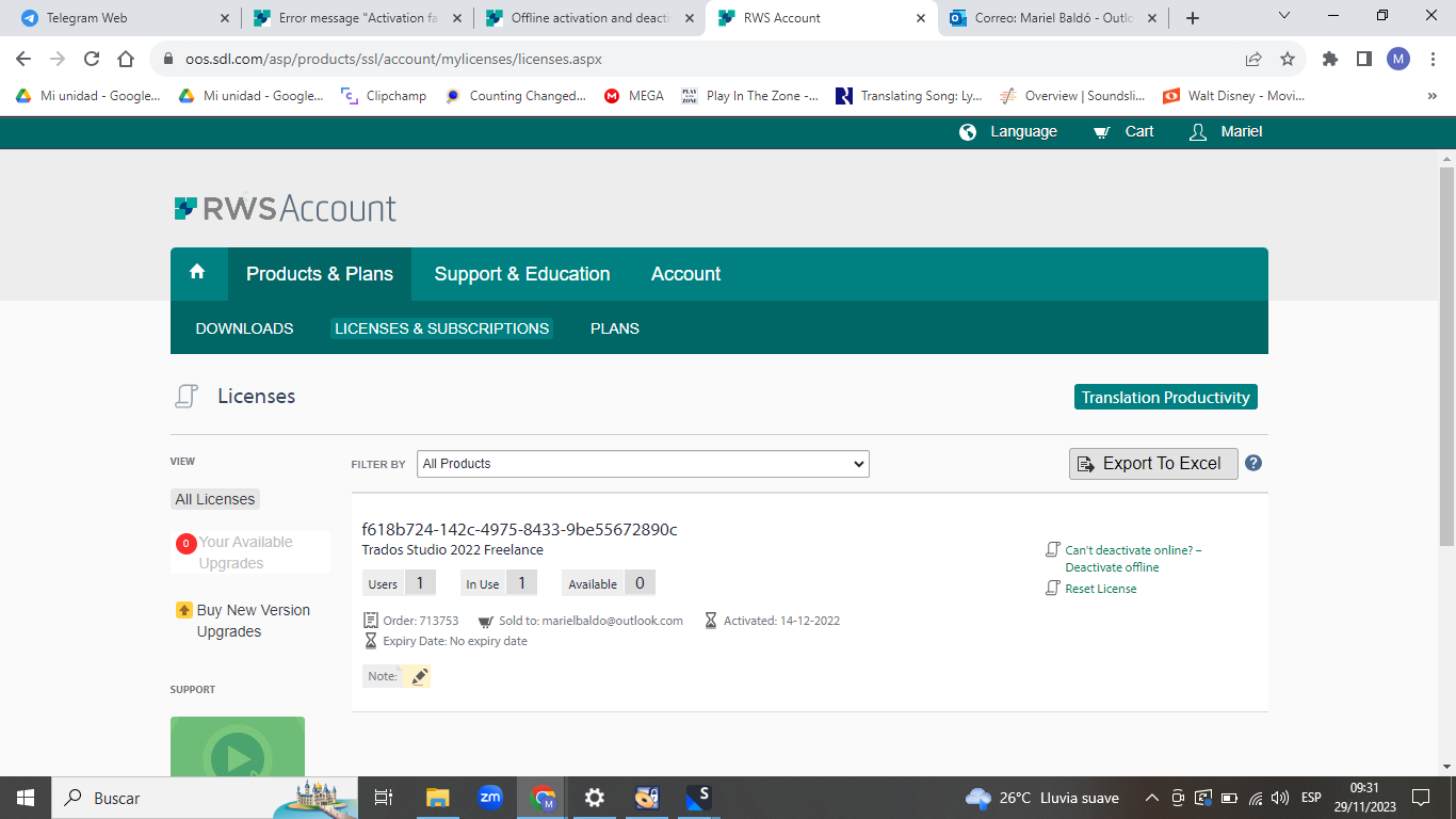 RWS Account Licenses page showing Trados Studio 2022 Freelance license activated on 14-12-2022 with no available upgrades and an option to deactivate offline.